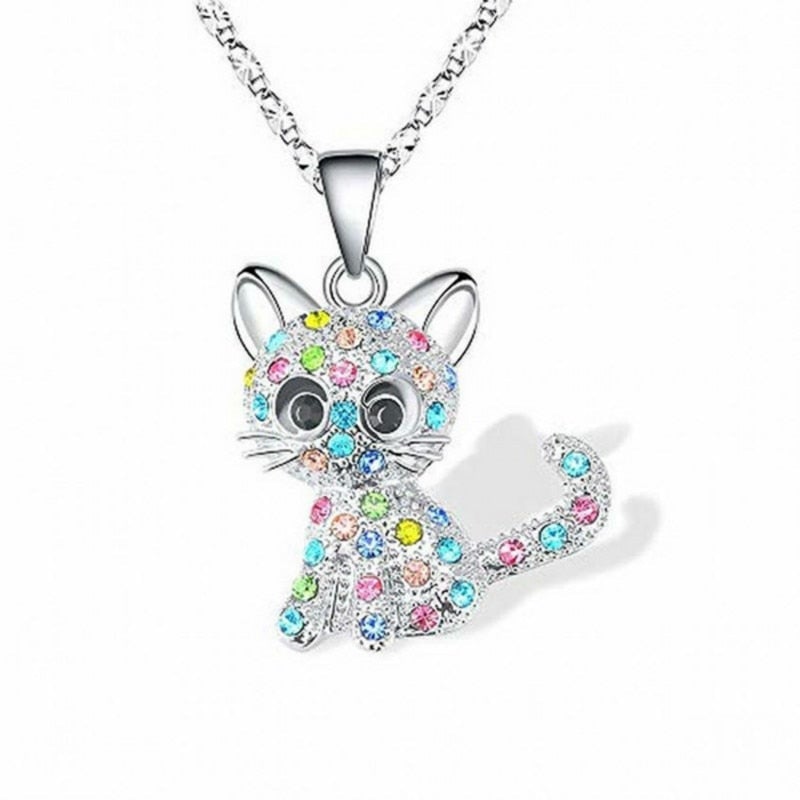Silver necklace with cat pendant and colored zirconia stones