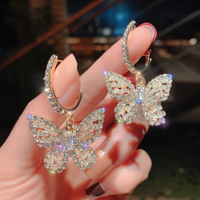 Gold earrings butterfly with zirconia