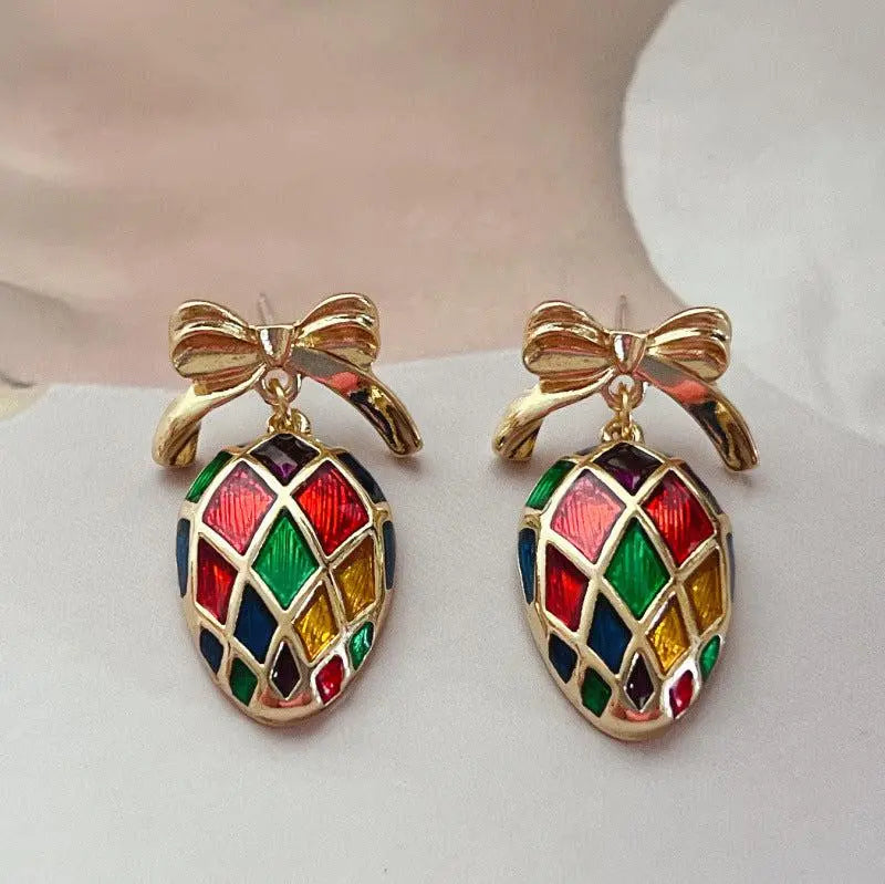 Vintage Multicolor Enamel Gold Earrings