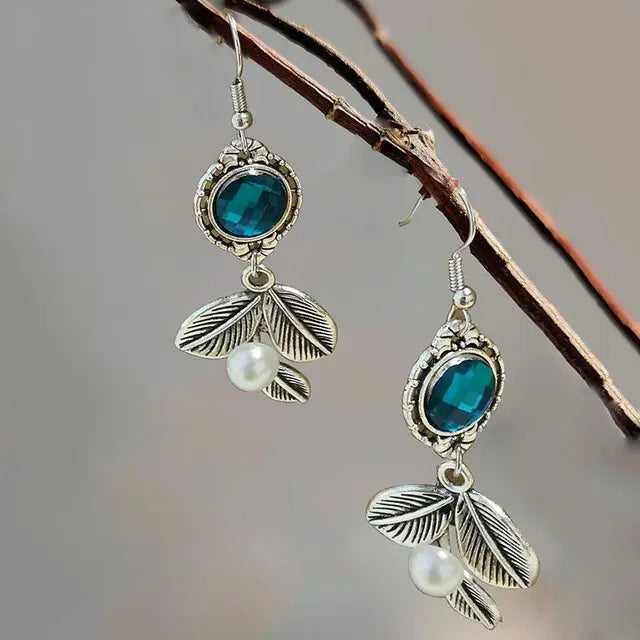 Vintage Pearl Blue Crystal Leaf Earrings