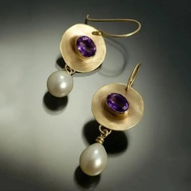 Gold-Plated Vintage Earrings with Pearls and Purple Zirconias