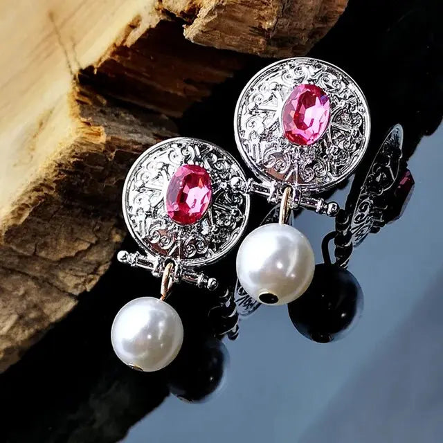 Vintage pearl earrings with pink zirconia