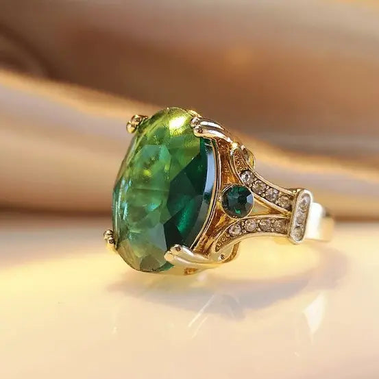Boho Green Gold Crystal Ring