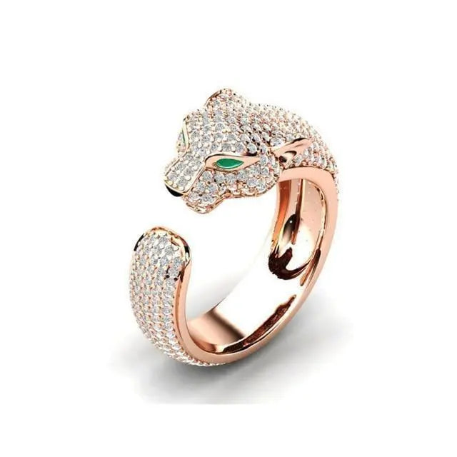 Adjustable Jaguar Ring made of Silver and Rose Gold with Green Zirconia Eyes
