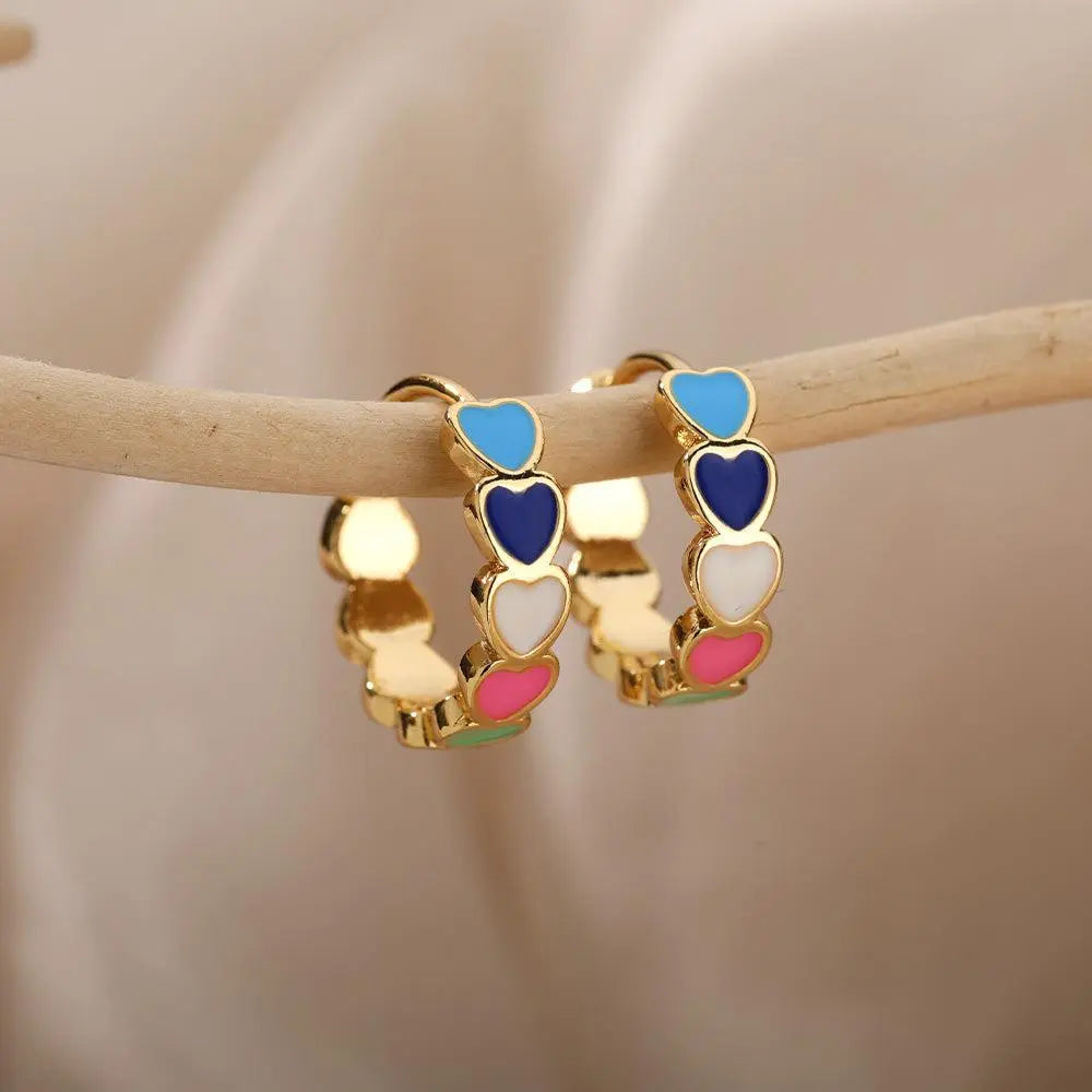Minimalist Multicolored Hearts in Gold Earrings