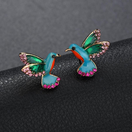 Earrings "Hummingbird" with enamel and green crystal