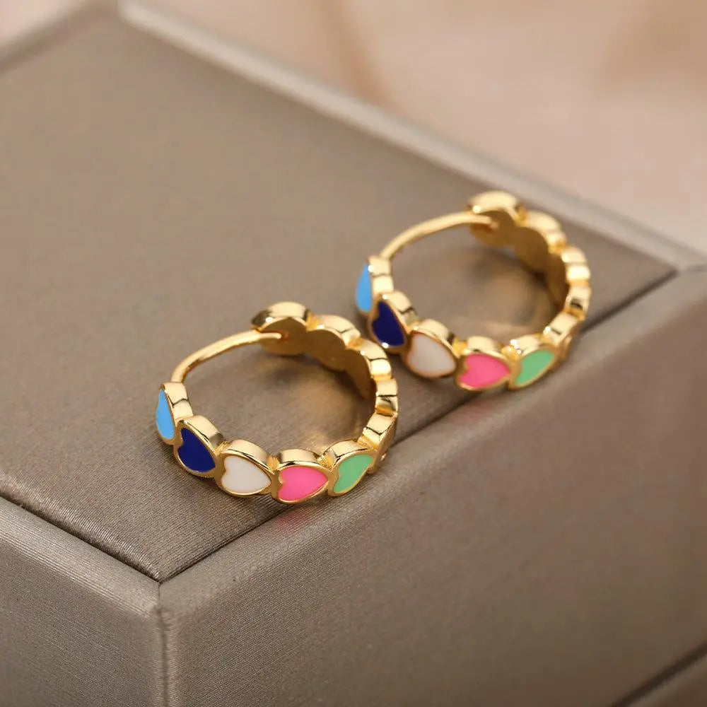 Minimalist Multicolored Hearts in Gold Earrings