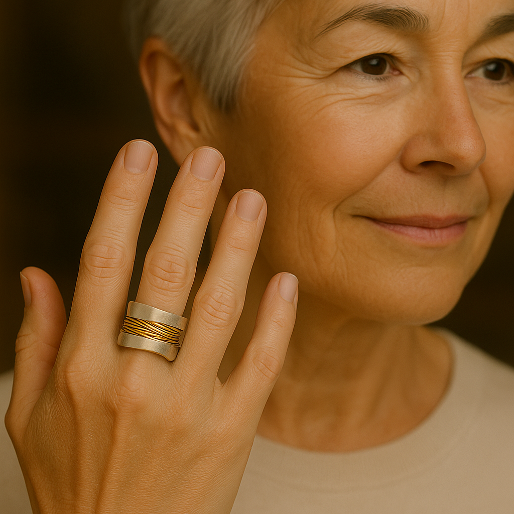 Silver ring with golden threads
