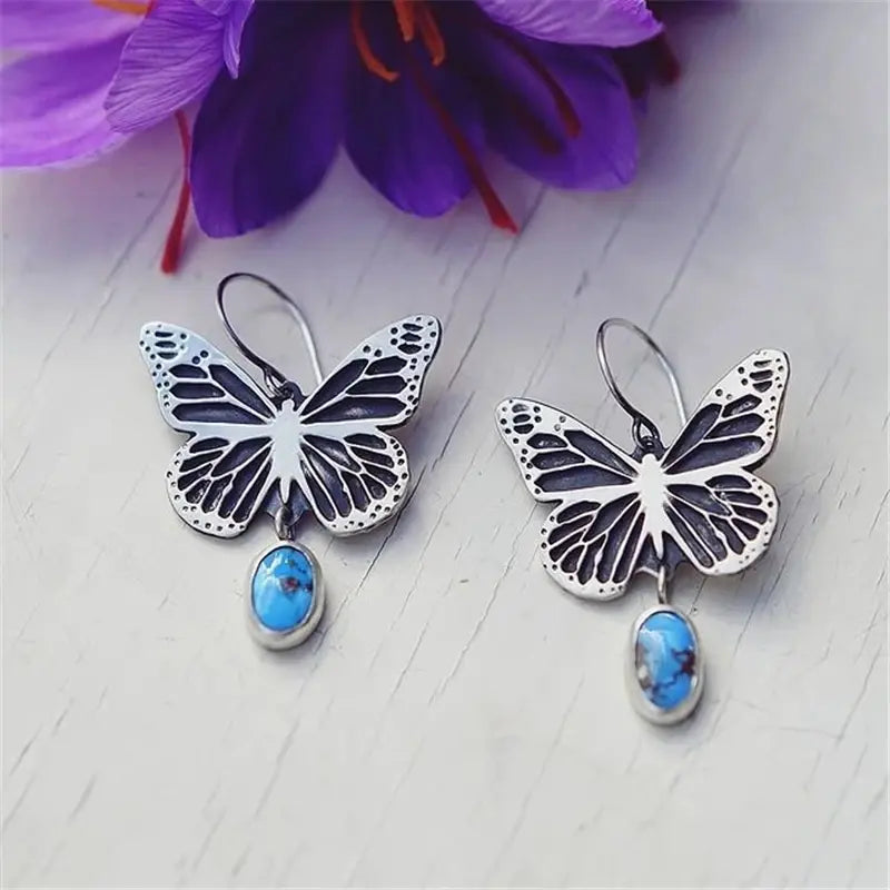 Vintage Silver Blue Stone Butterfly Earrings