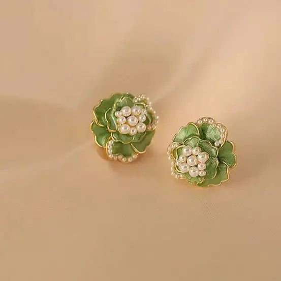 Flower Earrings with Enamel and Pearls
