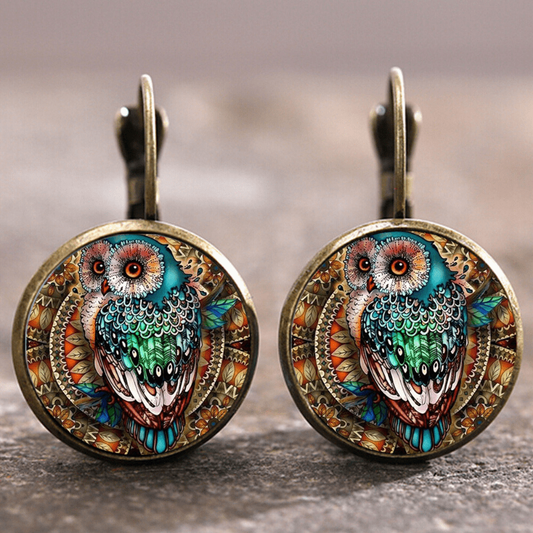 Round Earrings with Crystal Owls