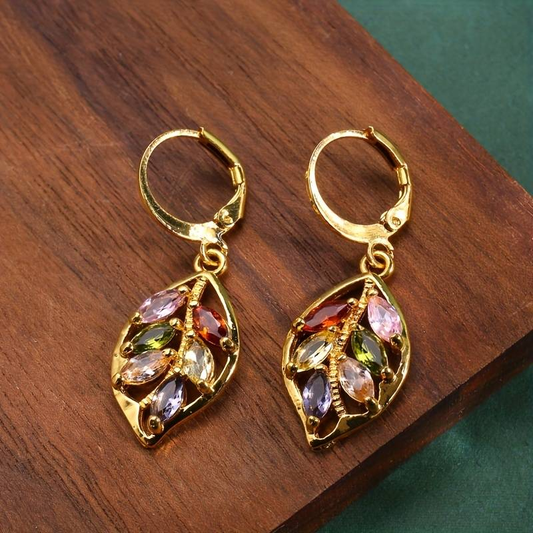Vintage Gold Earrings with Colorful Leaf